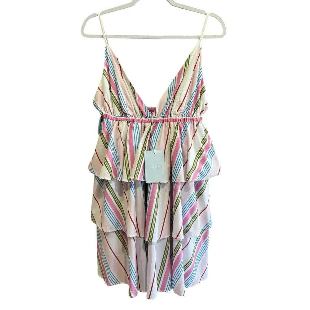 NWT HILL HOUSE Rainbow Stripe Ruffle Tiered Babydoll Gigi Mini Dress Size XL NEW